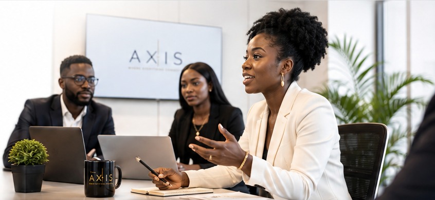 Black communications professionals collaborating in a modern meeting